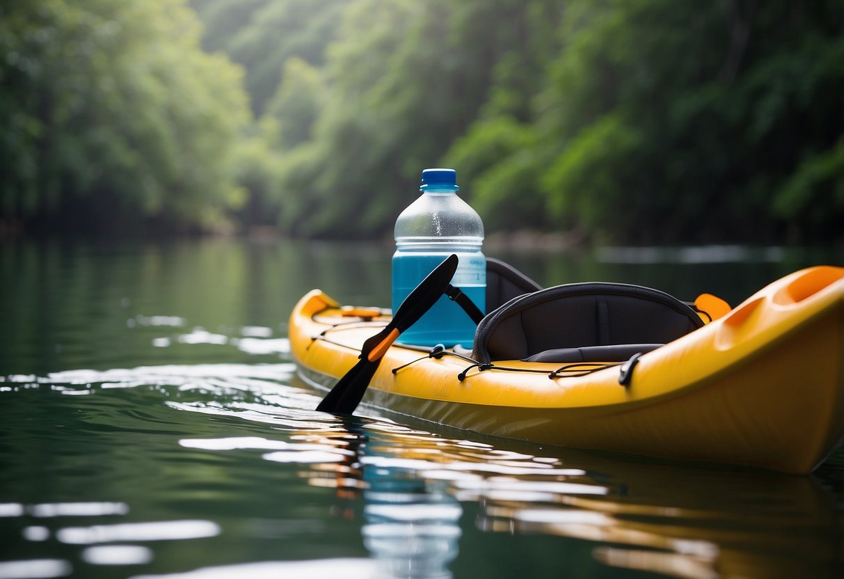 A kayak glides through calm waters, surrounded by lush greenery. A water bottle and hydration pack are visible, emphasizing the importance of staying hydrated while paddling