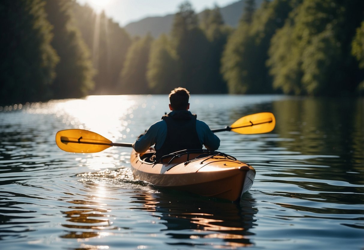 A kayak glides through calm waters, with a reusable water bottle nestled in the boat's cup holder. The sun shines overhead, reflecting off the glassy surface as the paddler stays hydrated on their journey