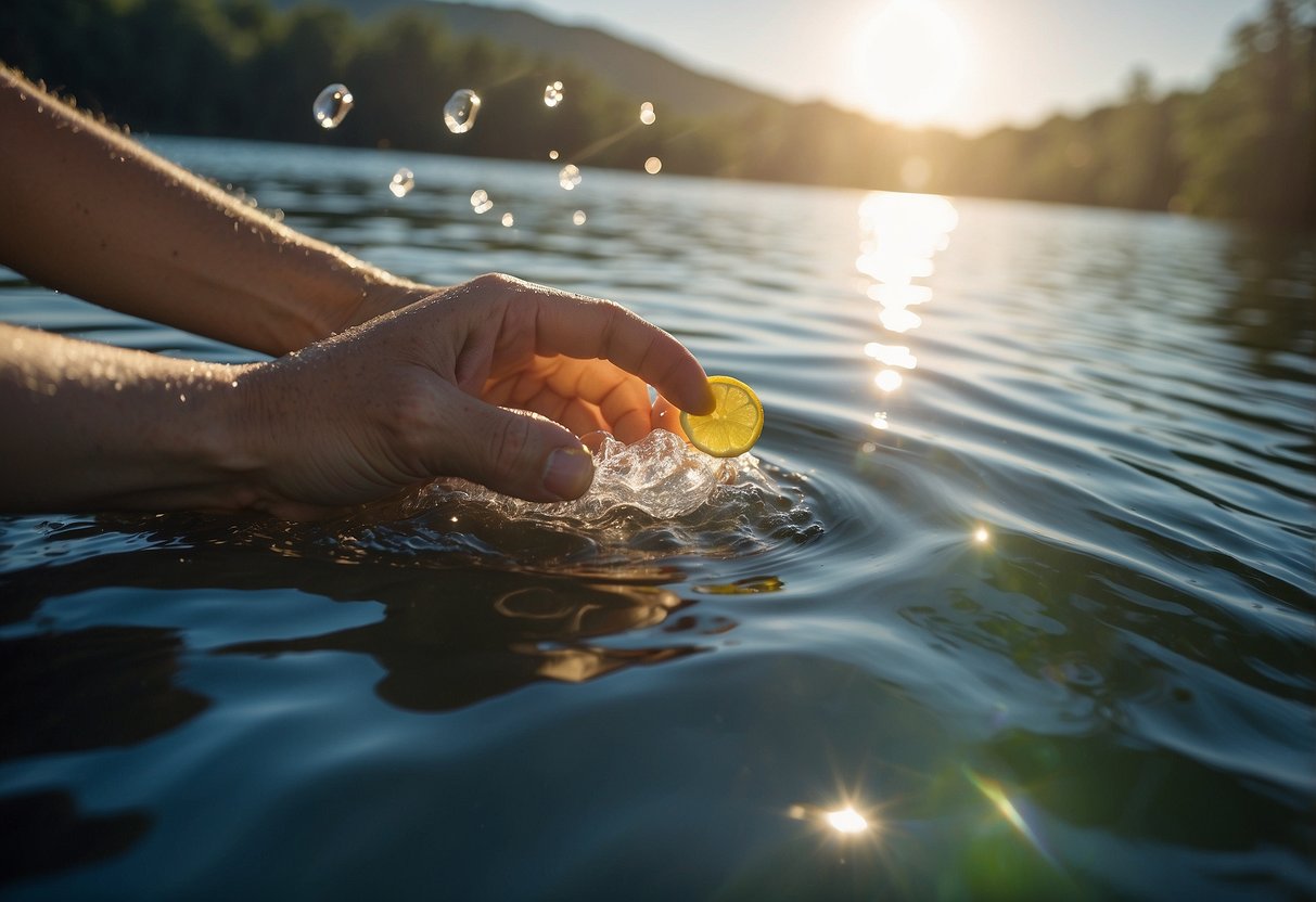 A person's hand drops an electrolyte tablet into a water bottle while paddling on a serene lake. The sun shines overhead as the person follows 7 tips for staying hydrated