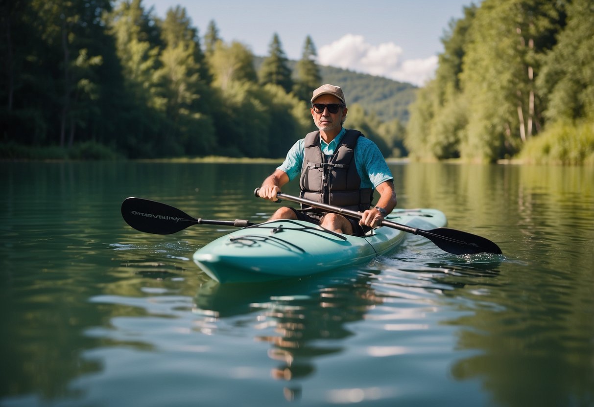 A person wearing moisture-wicking clothing paddling on a calm body of water, surrounded by lush greenery under a clear blue sky