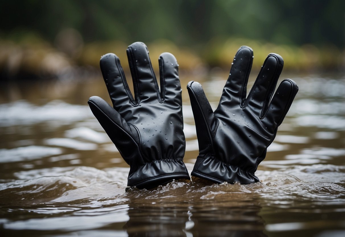 A pair of Sealskinz Waterproof All Weather Ultra Grip Gloves are shown gripping a paddle, with water splashing around them