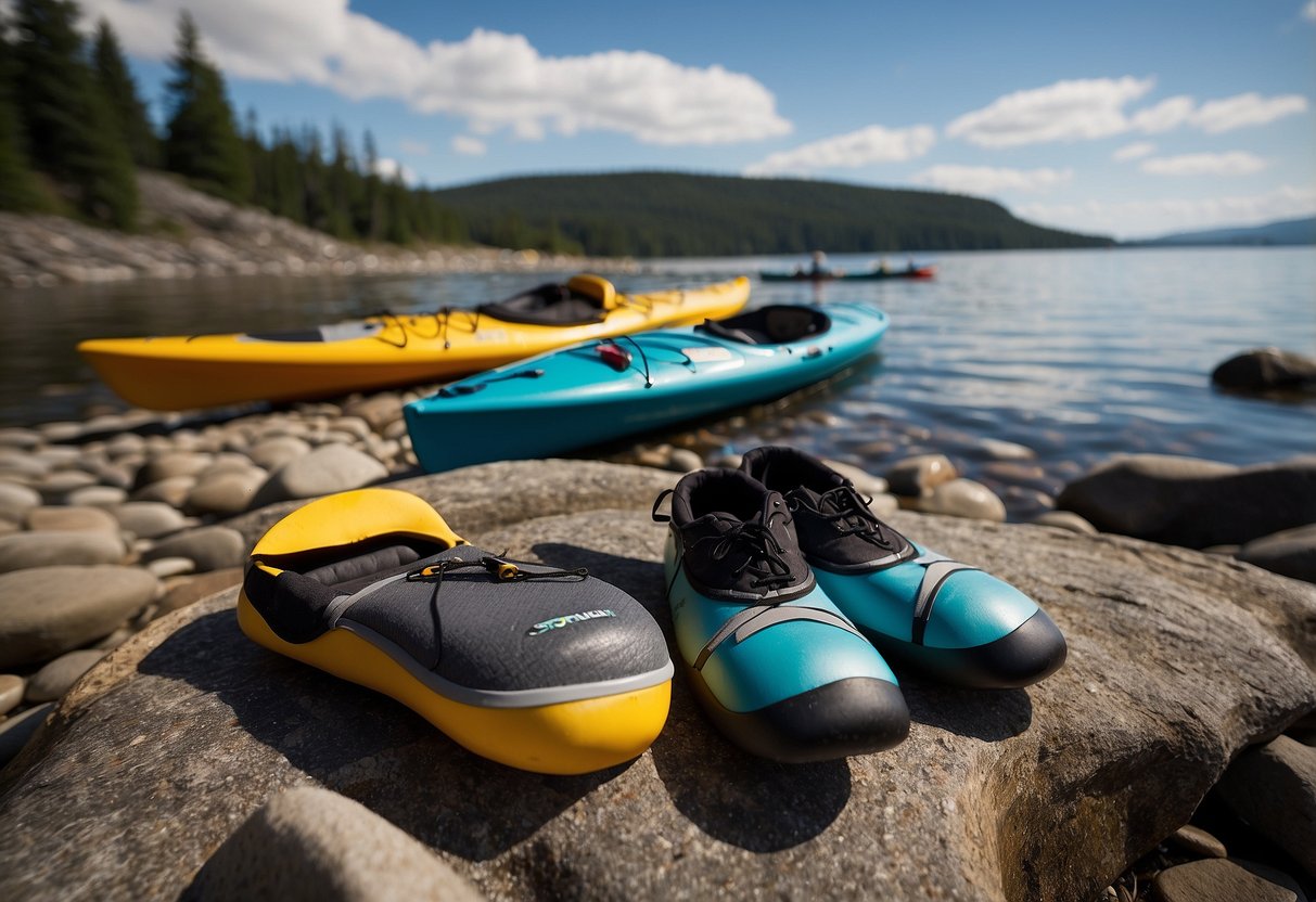 A pair of Stohlquist Toaster gloves lay on a rocky shore, surrounded by paddles and a kayak, ready for the next adventure on the water