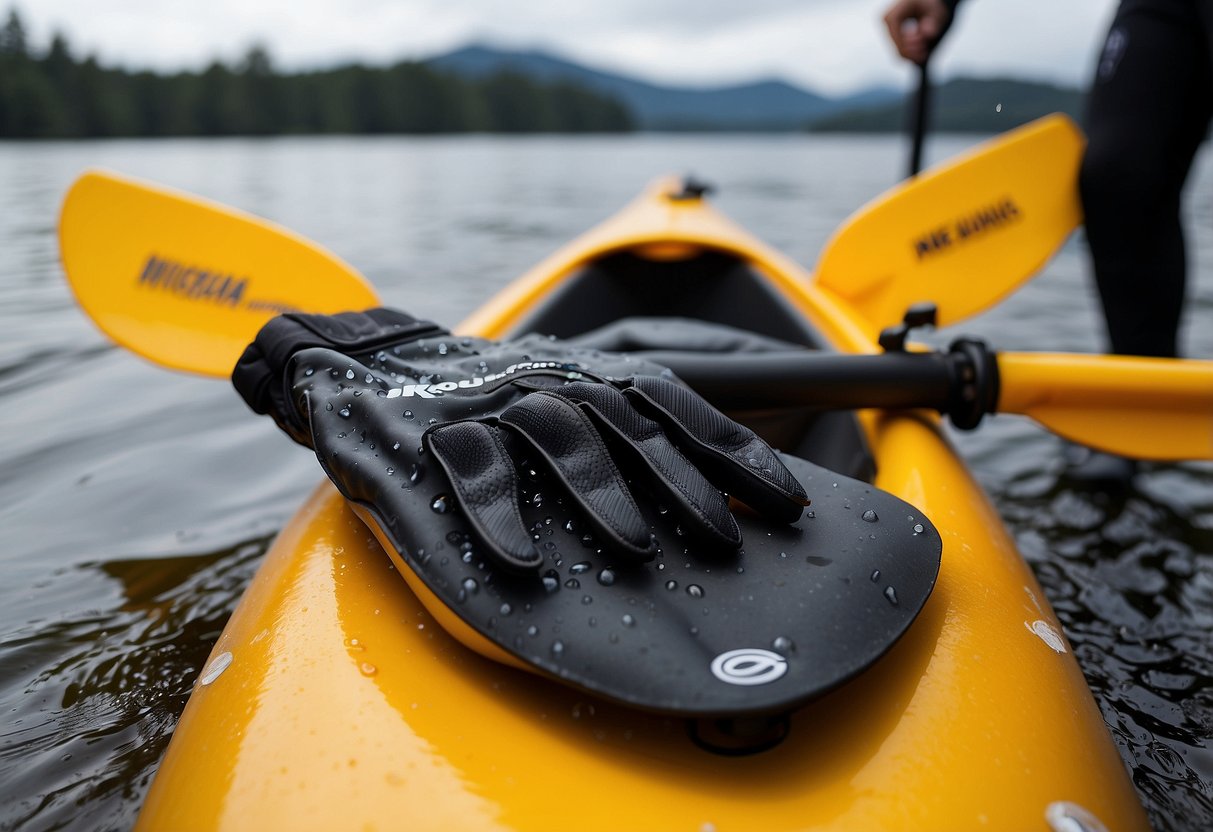 A close-up of Kokatat Lightweight Paddling Gloves on a kayak paddle, surrounded by water droplets and splashes, showcasing their protective features