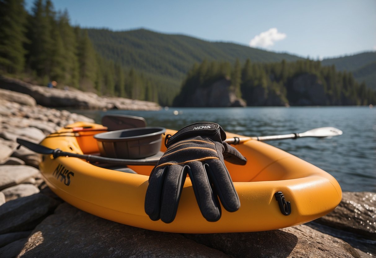 A pair of NRS Maverick gloves lay on a rocky shore, with a kayak and paddle in the background, ready for a day of paddling