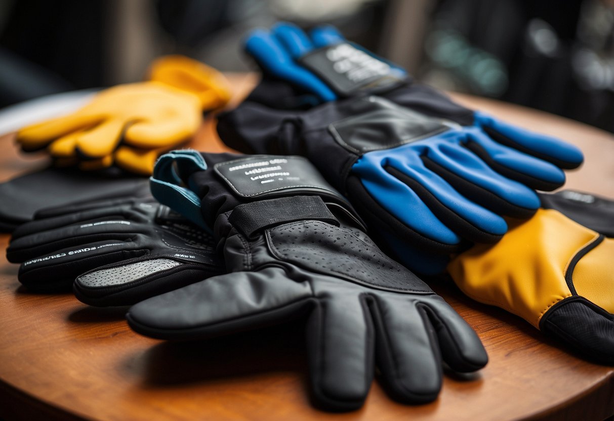 A table displaying various types of paddling gloves with different materials and features. The gloves are arranged neatly with labels for easy comparison