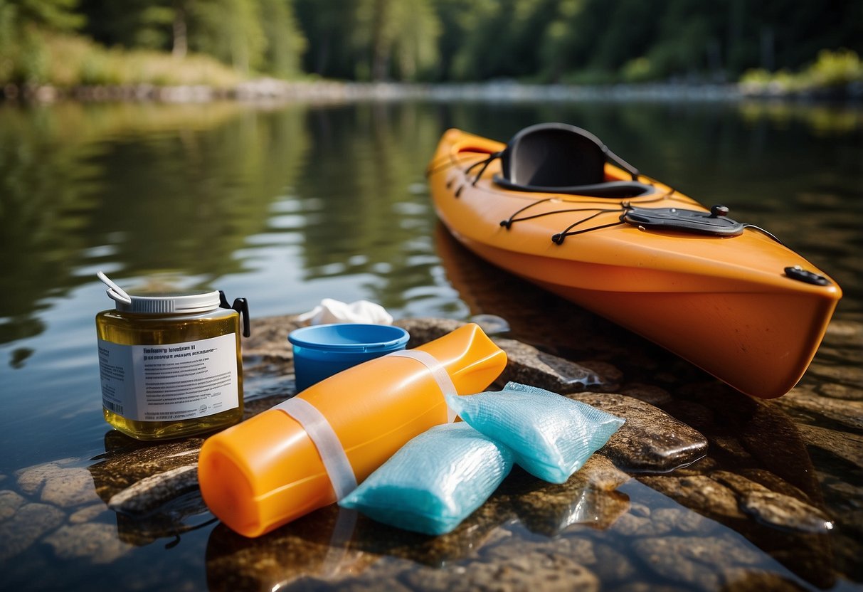 A kayak and canoe on a calm river, with a first aid kit open nearby. Items include bandages, antiseptic wipes, scissors, and a whistle