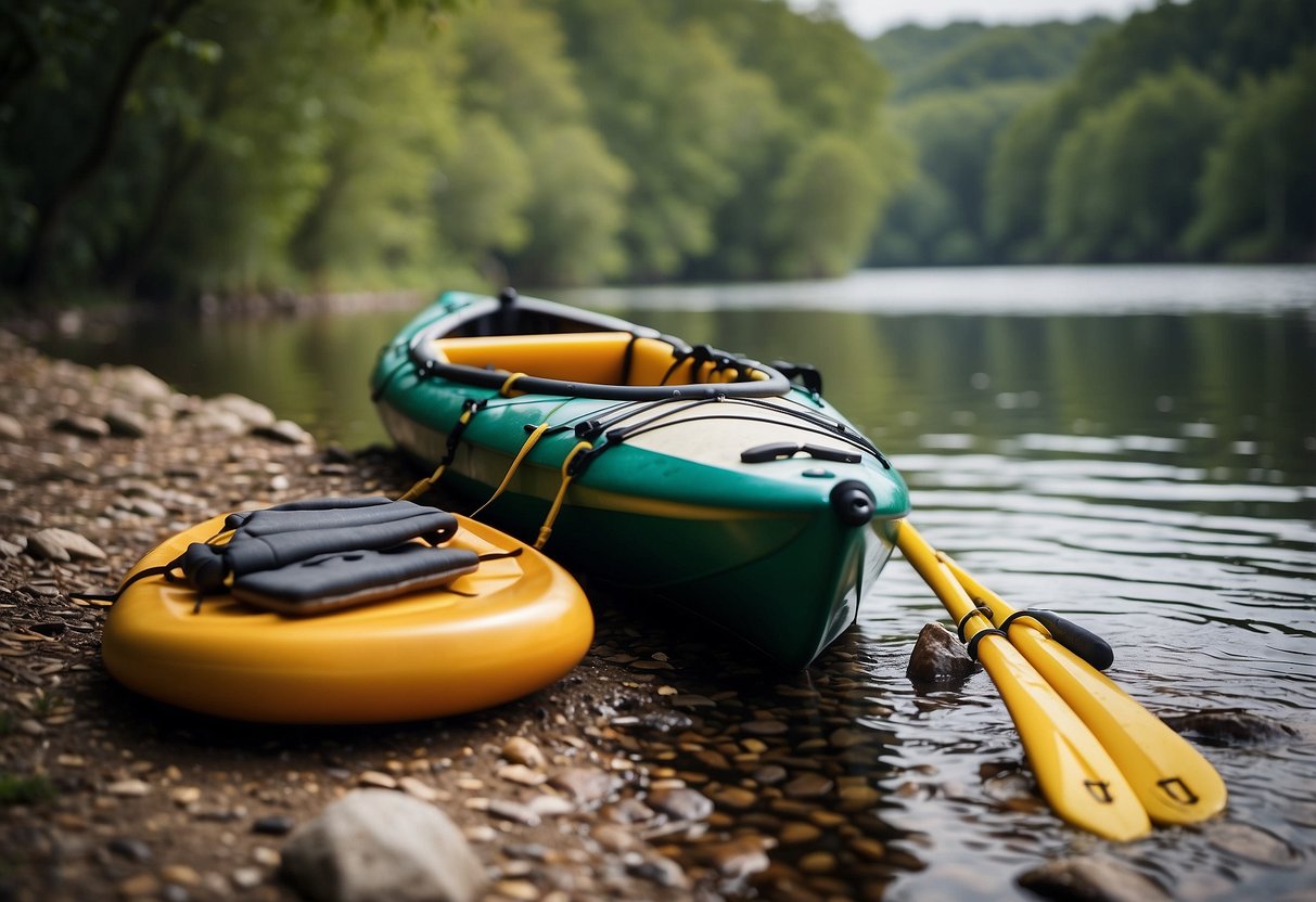 A kayak and a canoe sit on a tranquil riverbank, with a SAM splint and nine other first aid items laid out on a waterproof mat nearby