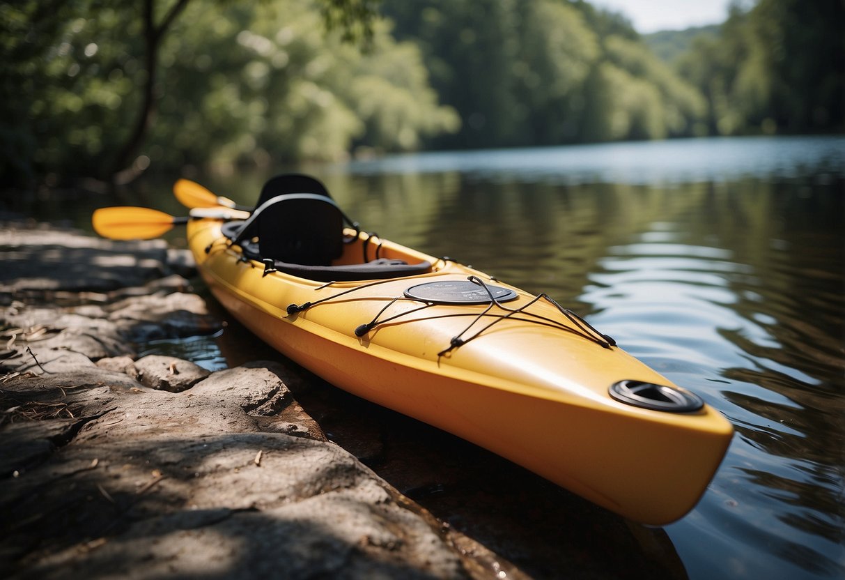 A kayak and canoe on a calm river, with a waterproof bag containing bandages, sunscreen, and other first aid items on the shore