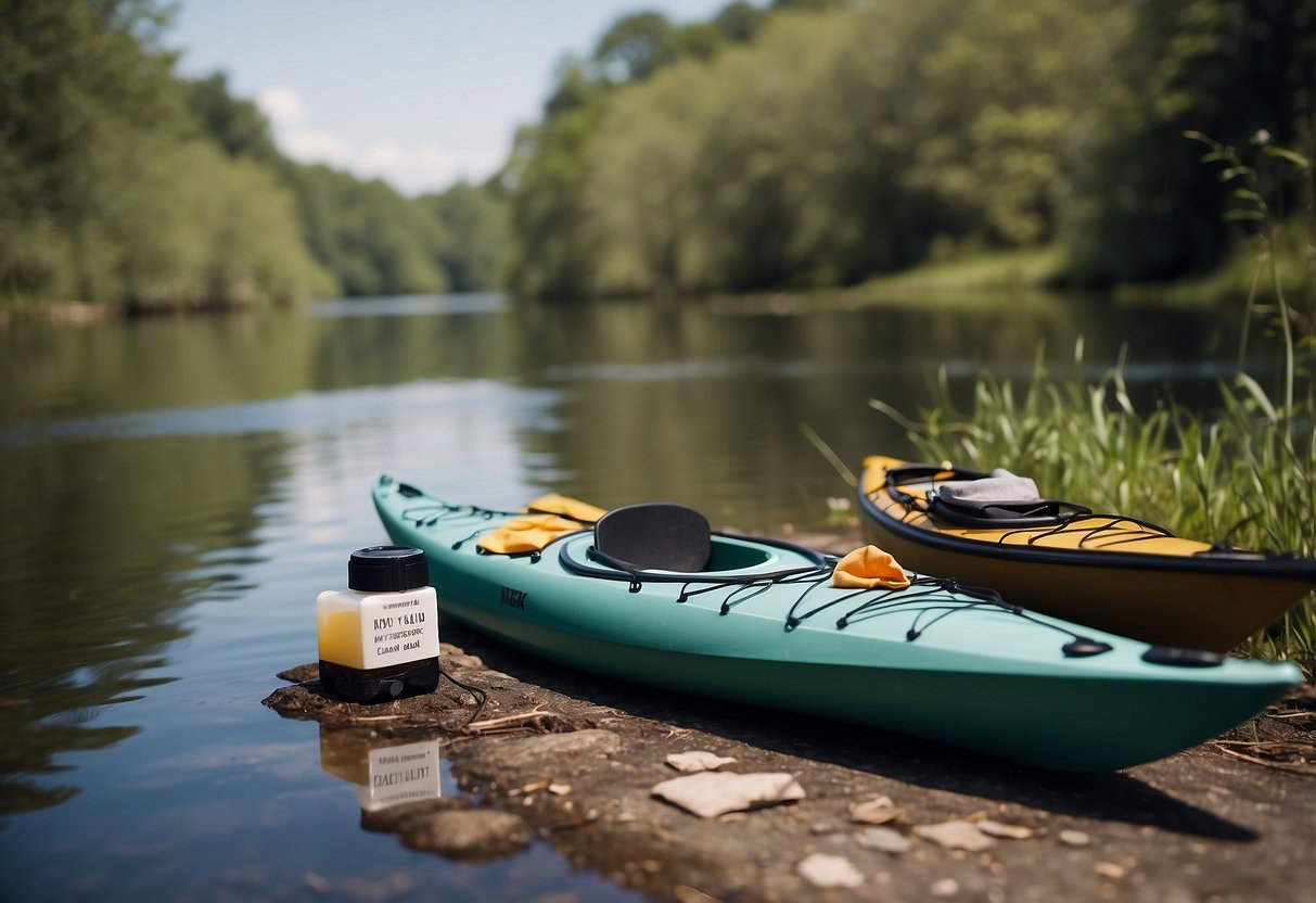 A kayak and canoe sit on a calm riverbank. Nearby, a first aid kit contains QuickClot Gauze and other essential items