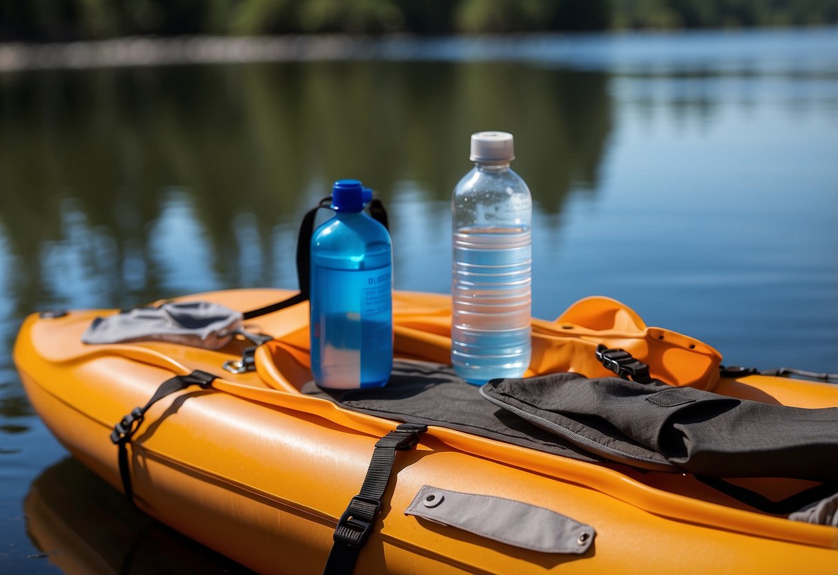 A hydration bladder and first aid items arranged on a kayak or canoe deck, with water in the background