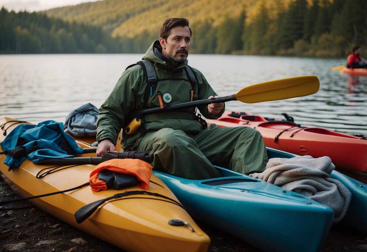 A person wrapped in an emergency blanket, surrounded by a kayak and canoe, with first aid items scattered around