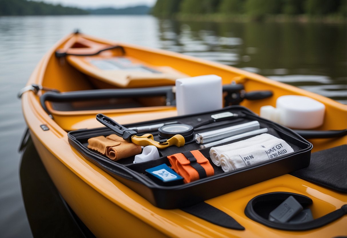 A pair of tweezers sits on a waterproof first aid kit, surrounded by a paddle, whistle, and bandages. The kit is placed next to a kayak and a canoe on a calm, reflective lake