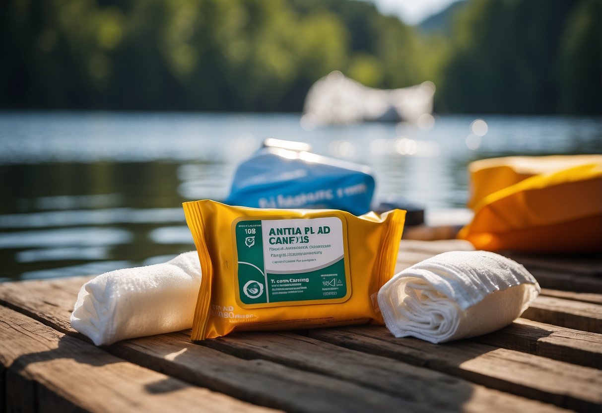 A pack of antiseptic wipes sits among 10 first aid items, ready for kayaking and canoeing