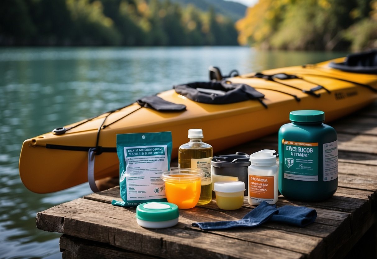 A sturdy waterproof container holds bandages, antiseptic wipes, and a first aid manual. Nearby, a kayak and canoe sit ready for adventure