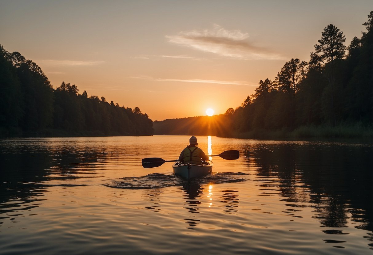 The sun sets over a calm river, with a kayak gliding through the water. A map and compass sit in the boat, as the paddler navigates through the winding waterways