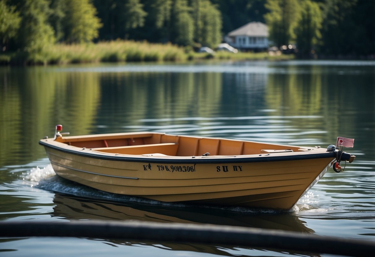 A boat navigating through a calm waterway, with signs displaying local regulations. Maps and a checklist are visible on the boat's dashboard