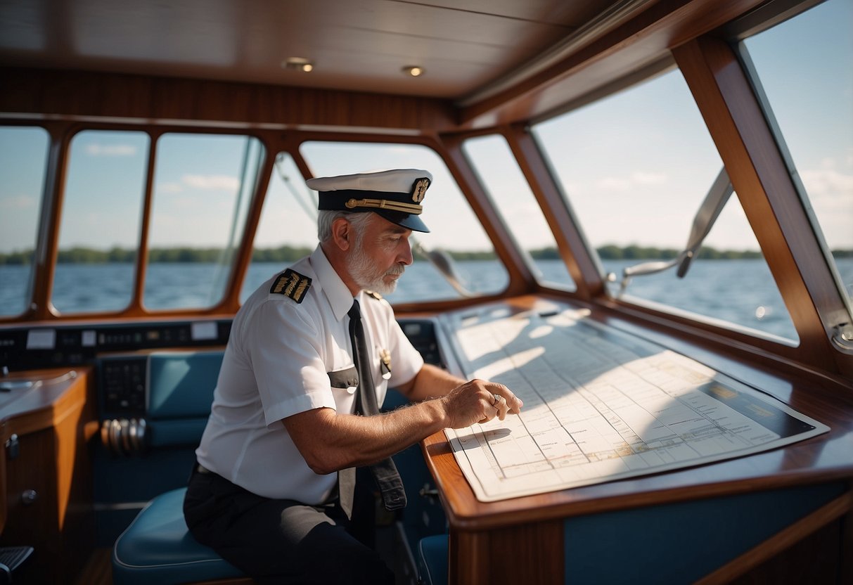 A boat captain uses navigation charts to guide the vessel through winding waterways, following 7 tips for safe navigation