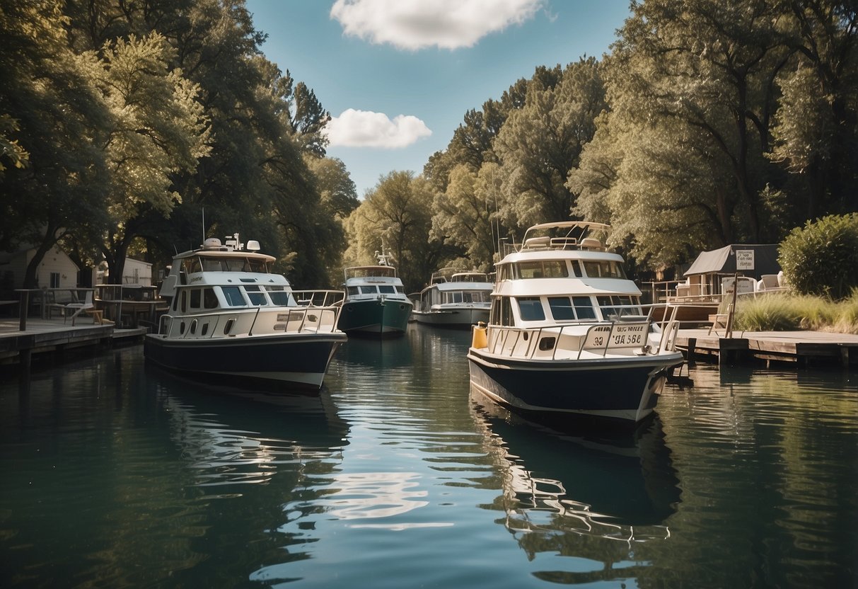 Boats navigating through waterways with signs displaying local regulations and licensing requirements. Clear, calm water with a mix of natural and man-made surroundings