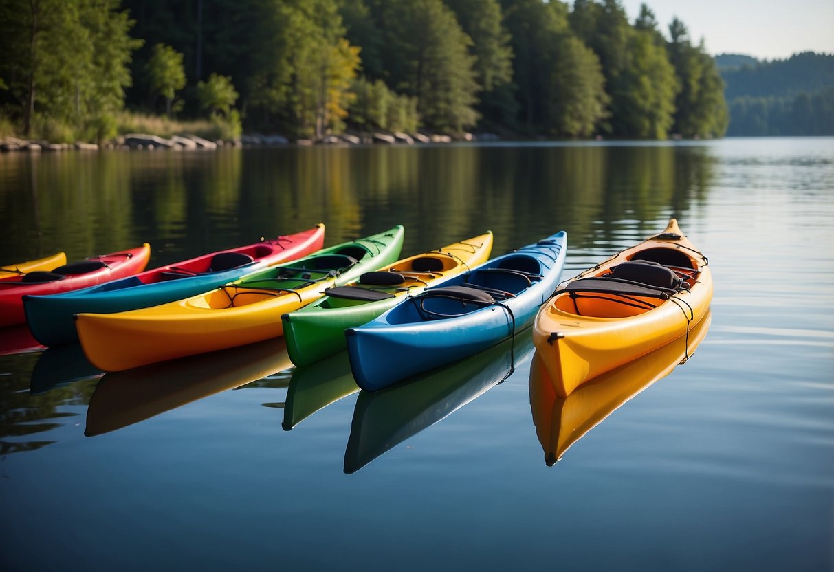 Paddles arranged in a circle on a calm lake, surrounded by lush green trees and a clear blue sky. A variety of colorful kayaks and canoes are scattered along the shoreline, ready for action