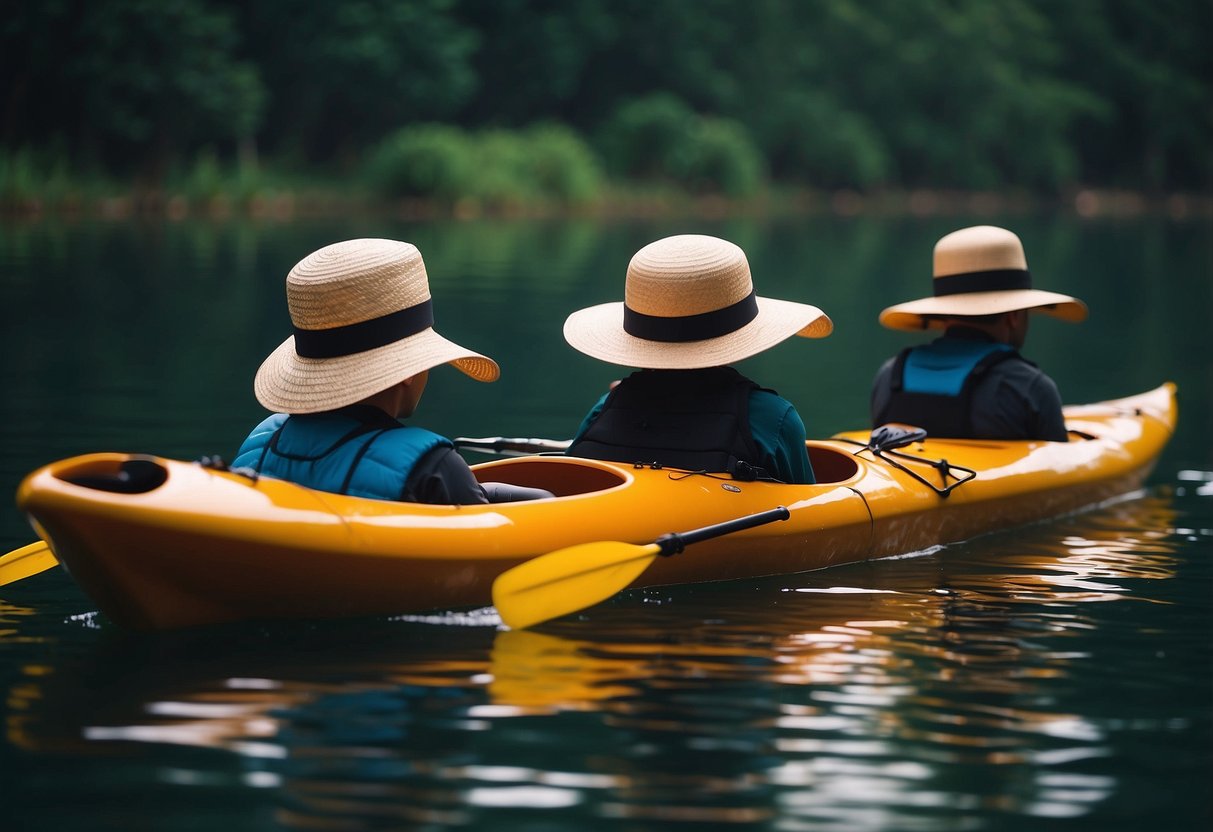 A kayak balances on top of three floating hats, while a paddle weaves through them in a challenging maneuver