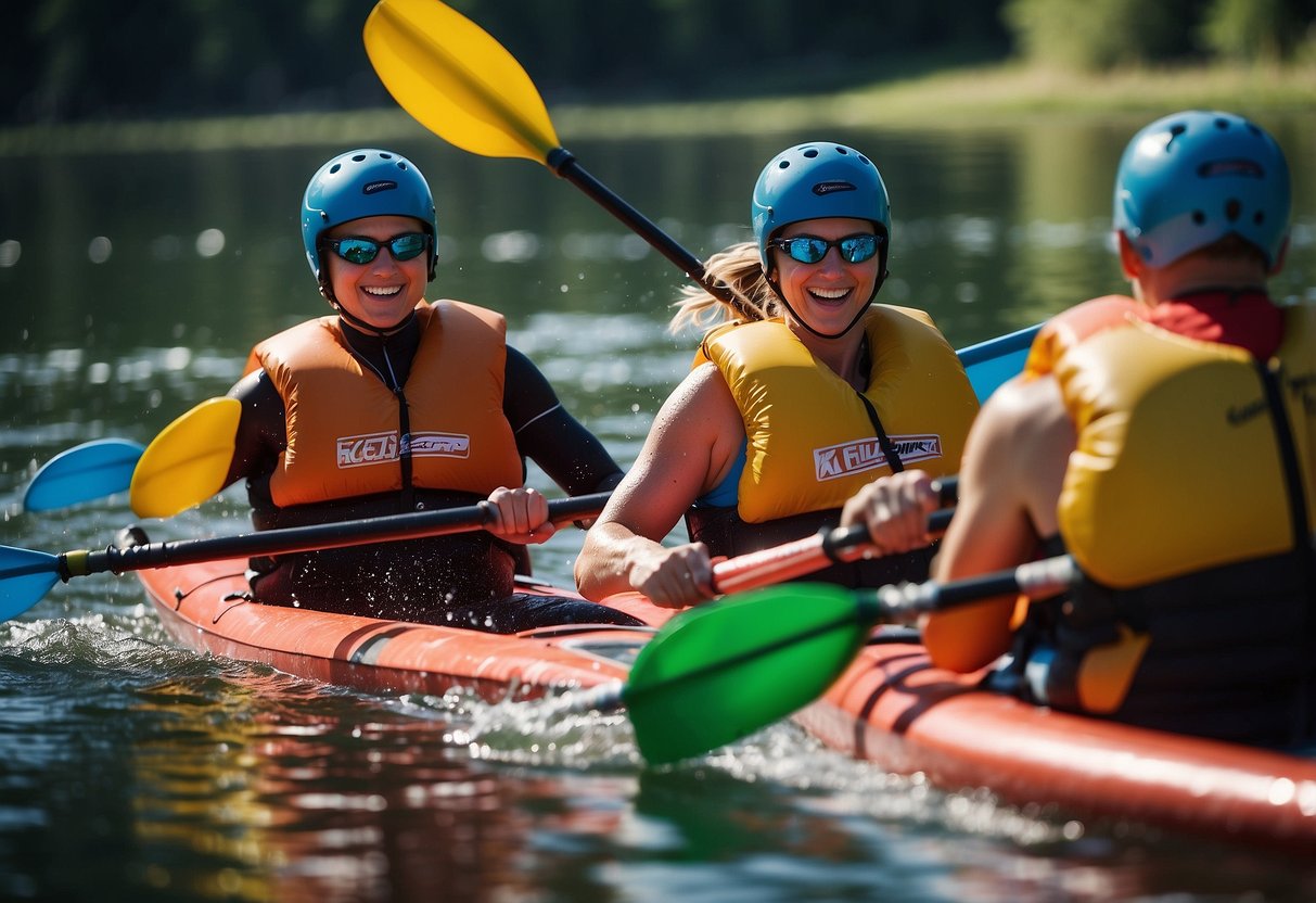 Teams race in a backwards relay, paddling inflatable kayaks through an obstacle course on a calm, sunny lake. Laughter and cheers fill the air as competitors navigate the challenge