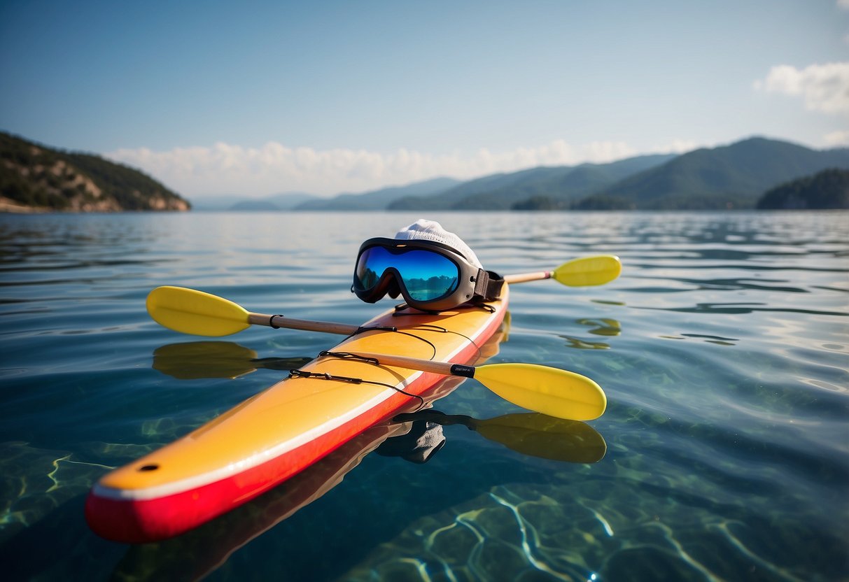 A blindfolded paddle floats on calm water, surrounded by colorful buoys and a clear blue sky, ready for 10 fun paddling challenges