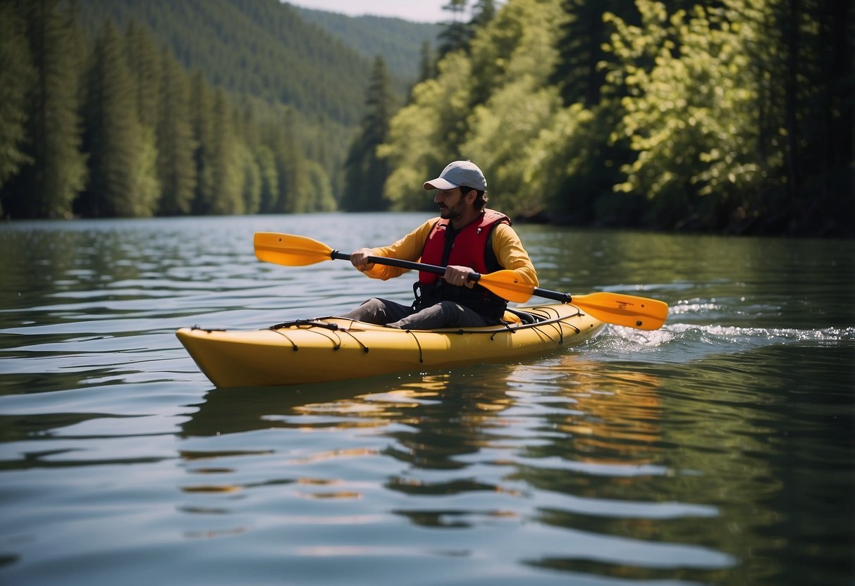 A tandem kayak glides through calm waters, navigating around buoys and through narrow channels. A pair of paddles dip into the water, creating ripples as they propel the kayak forward