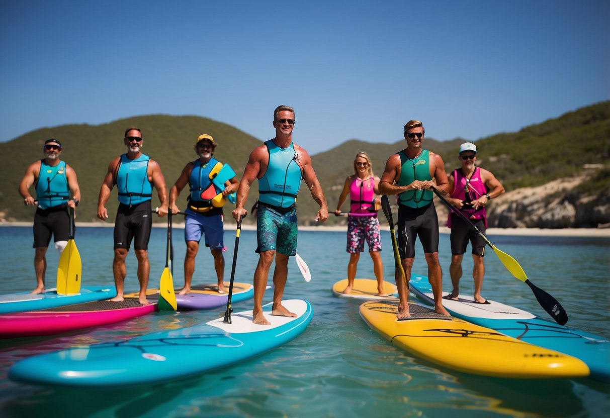 A group of colorful paddleboards navigate through a series of fun challenges around the island. The paddlers race through obstacles, balance on their boards, and maneuver through tight spaces, creating an exciting and dynamic scene for the illustrator to recreate