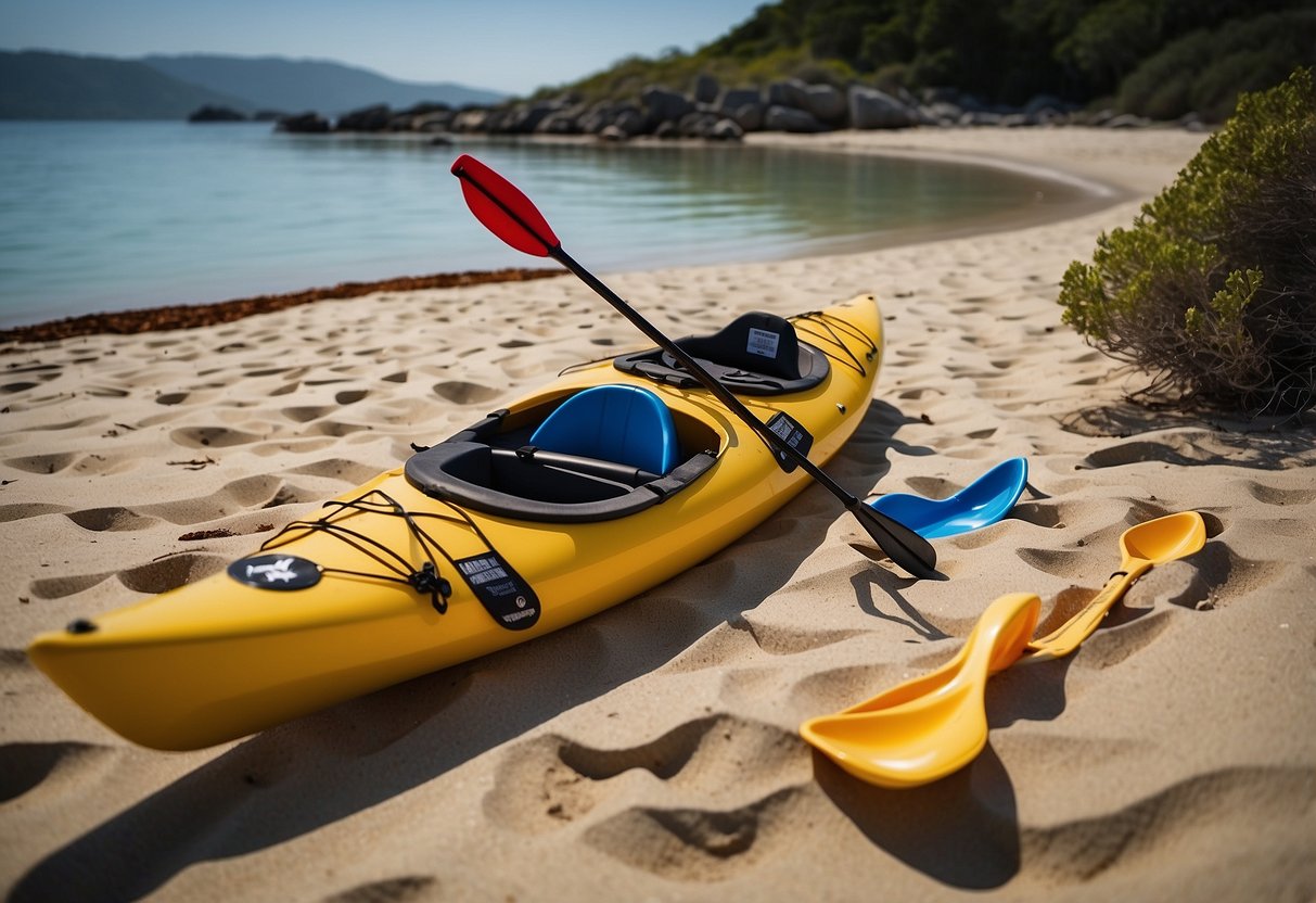 A group of paddles laid out on a sandy beach, with a treasure map and compass nearby. A colorful kayak sits ready for adventure on the calm, sparkling water