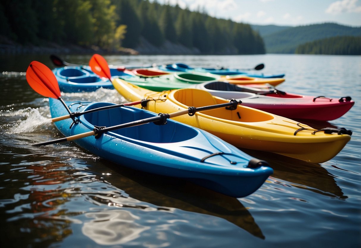 A group of colorful kayaks racing across a sparkling lake, with paddles dipping into the water and splashing droplets into the air