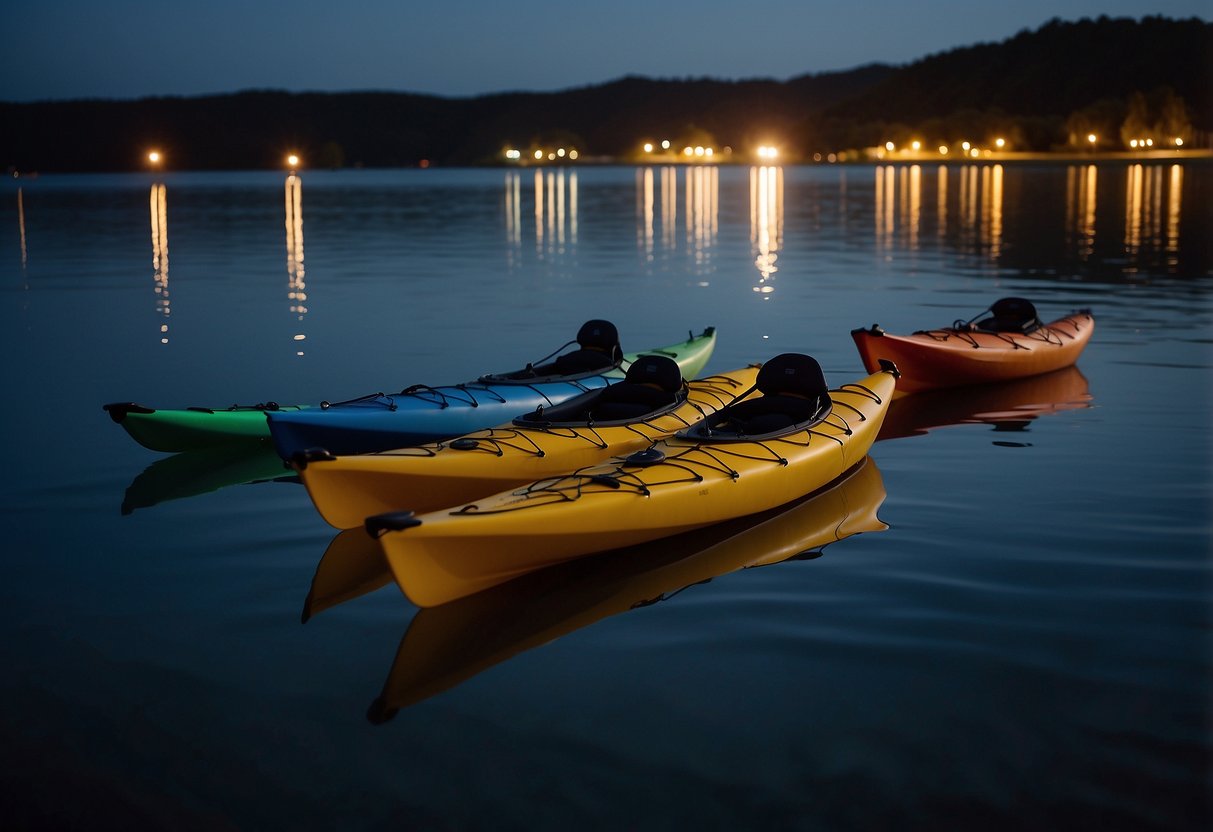 A group of kayaks illuminated by the moonlight glide through calm waters, surrounded by the peaceful silence of the night