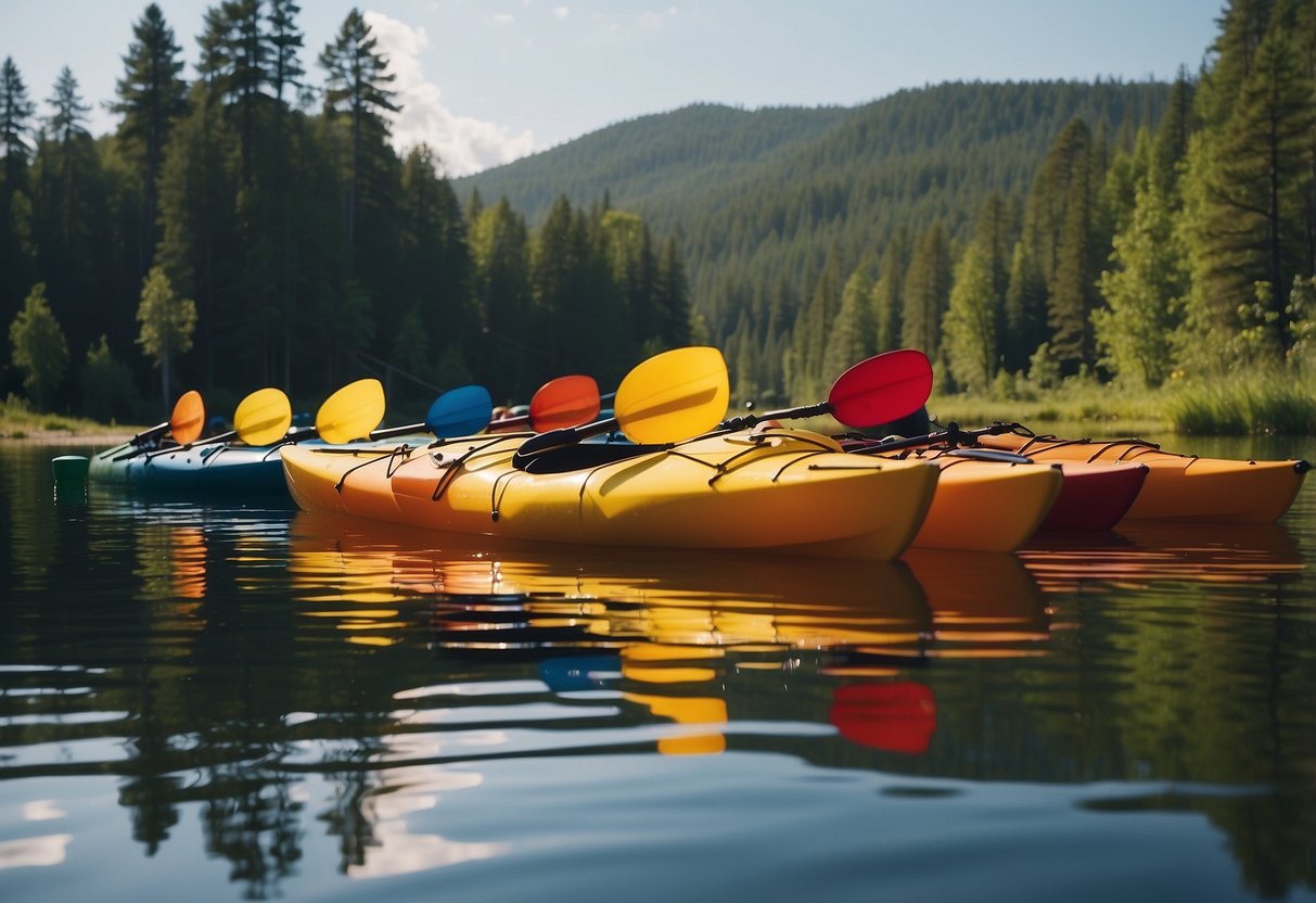 A group of colorful kayaks maneuver through a winding course of buoys in a serene lake surrounded by lush green trees