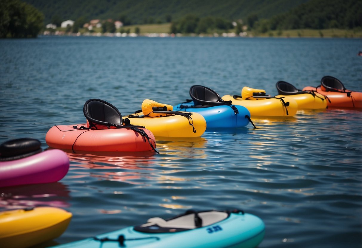 A series of colorful inflatable obstacles float in a calm, clear lake. Paddles and kayaks are scattered around, ready for participants to take on the challenges