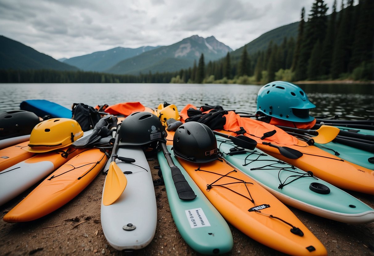 A colorful array of paddles, life jackets, helmets, and other gear arranged in front of a serene lake with a variety of paddling challenges in the background