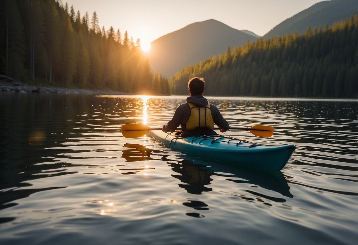 A kayak floats on calm water surrounded by dense forest. A bear stands on the shore, watching as the paddler keeps a safe distance. The sun sets behind the mountains, casting a warm glow on the scene