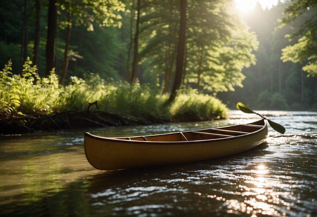 A peaceful river flows through a lush forest. A canoe glides along the water, carrying paddlers equipped with bear bells. The sun shines through the trees, casting dappled light on the scene