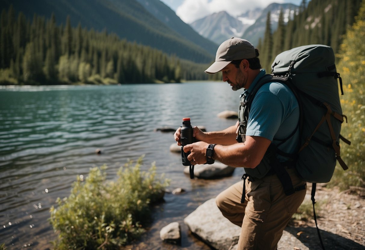 A canoeist places bear spray in a backpack near a river