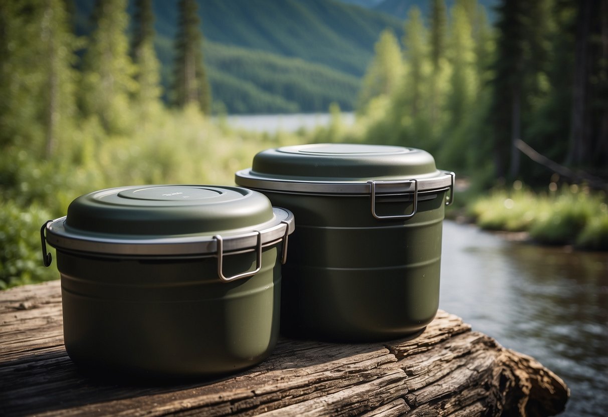 Food stored in bear-resistant containers near a paddling gear. Forest backdrop with a river or lake visible. Bears in the distance