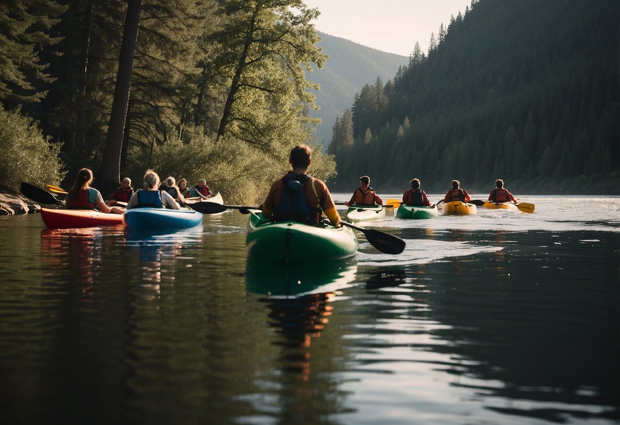 Paddlers group together, kayaks and canoes gliding along a calm river. Trees line the banks, with a mountainous backdrop. A bear watches from a safe distance