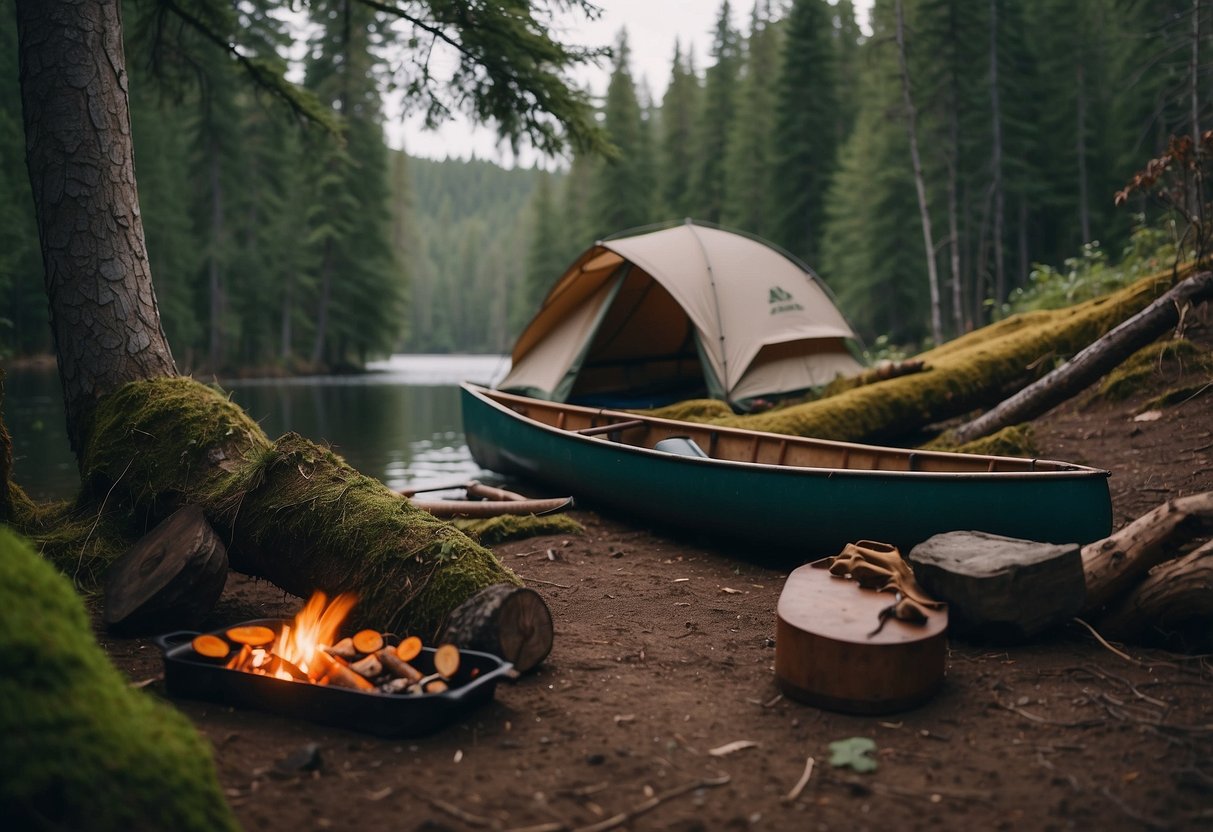 A secluded campsite in the wilderness, surrounded by dense forest and a winding river. Canoe and paddles are propped against a tree, with a bear-proof food container nearby