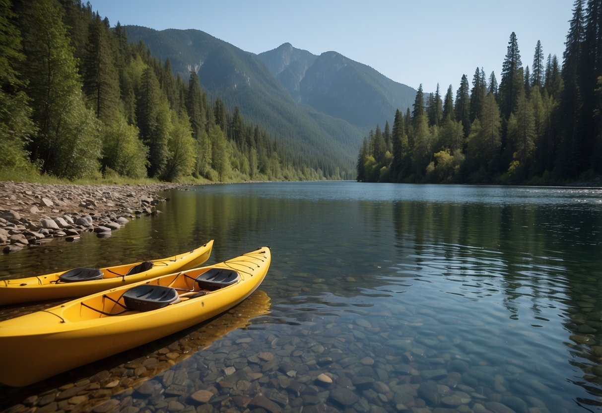 A serene river winds through a lush forest, with kayaks and canoes gliding peacefully on the calm water, surrounded by towering mountains in the distance