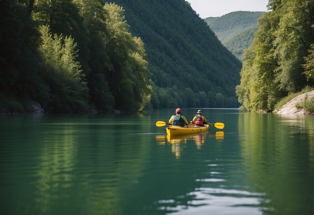 The Danube River flows through Austria, with lush green forests lining its banks. Kayakers and canoers navigate the calm waters, surrounded by stunning European scenery