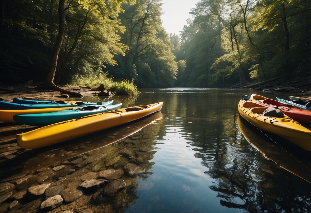 A serene river flows through a lush forest, with kayaks and canoes lined up on the shore. The sun shines through the trees, casting dappled light on the water