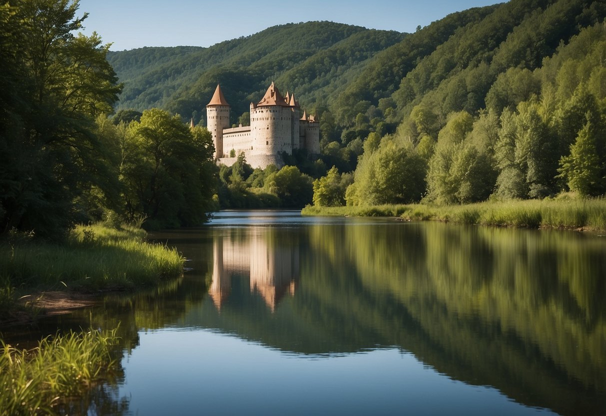 A serene river winds through a lush, green landscape, with ancient castles and picturesque villages dotting the banks. The water is clear and calm, perfect for kayaking and canoeing