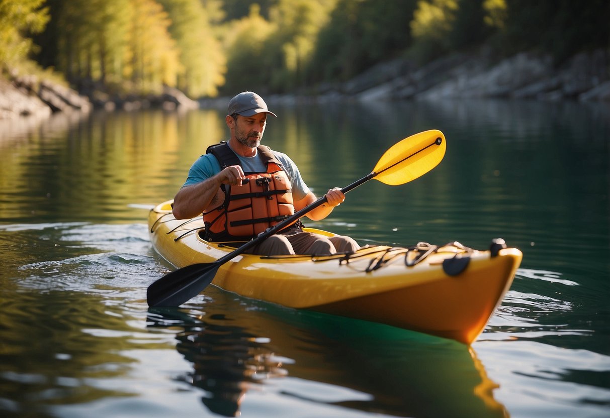 A kayak on calm water, with a small cooler filled with fresh fruits, nuts, and granola bars. The sun is shining, and the paddler is enjoying a peaceful snack break