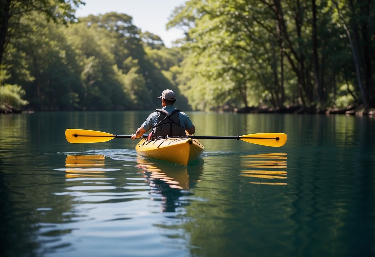 A kayak glides through calm waters, with a Kind Bar 10-pack nestled in a waterproof bag. Surrounding the kayak are lush green trees and a clear blue sky, creating the perfect setting for a paddling trip