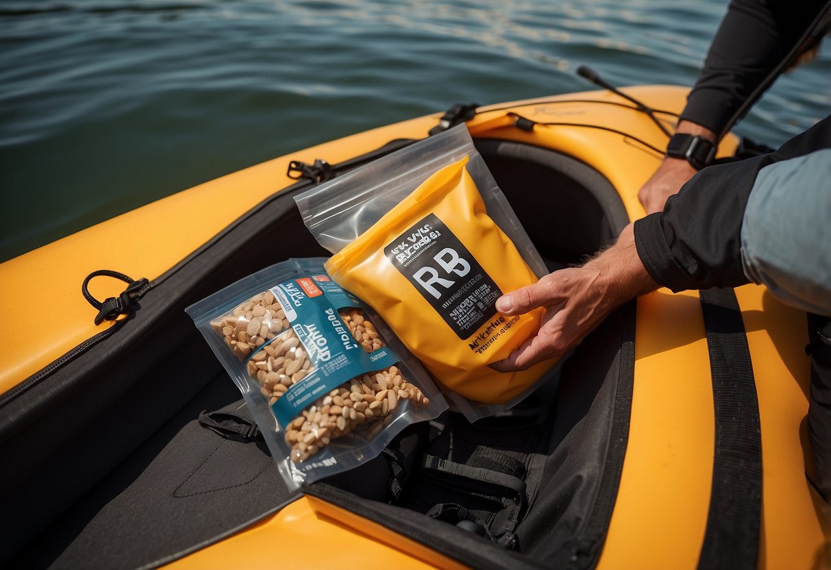 A kayak paddler opens a dry bag to reveal a stash of RXBAR snacks, ready for a day of paddling adventure