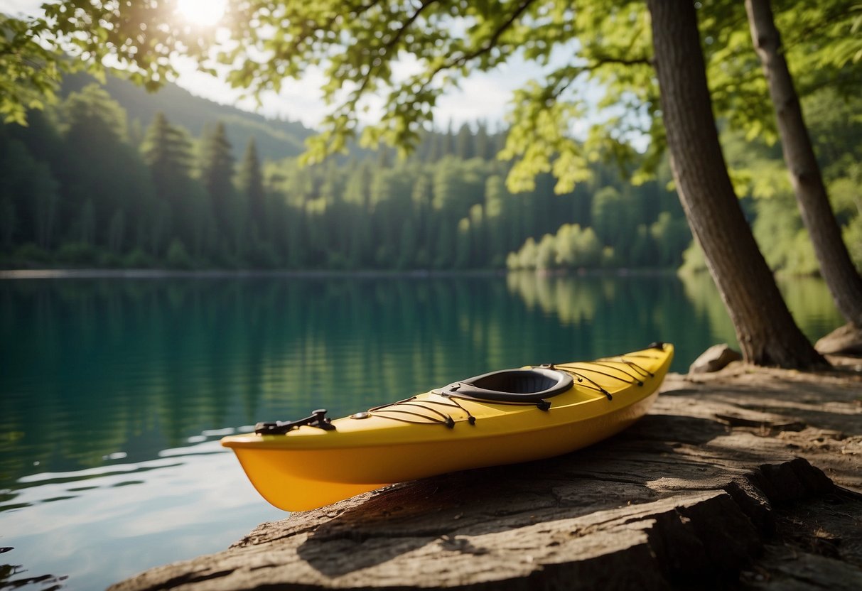 A kayak rests on a calm lake shore, surrounded by lush green trees. On the deck, a variety of Clif Bar snacks are neatly arranged, ready for a paddling trip