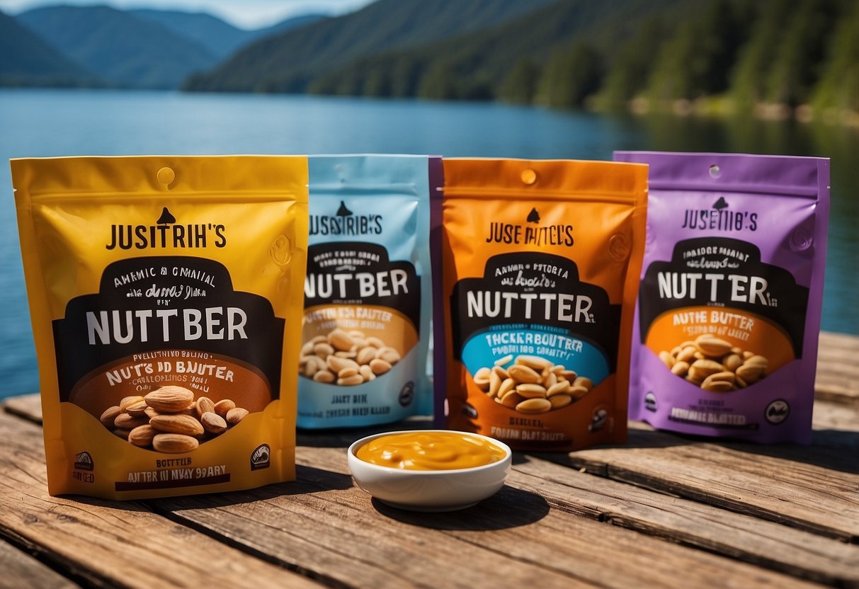 A colorful array of Justin's Nut Butter Packets arranged on a wooden table, with a backdrop of a serene lake and a kayak in the distance