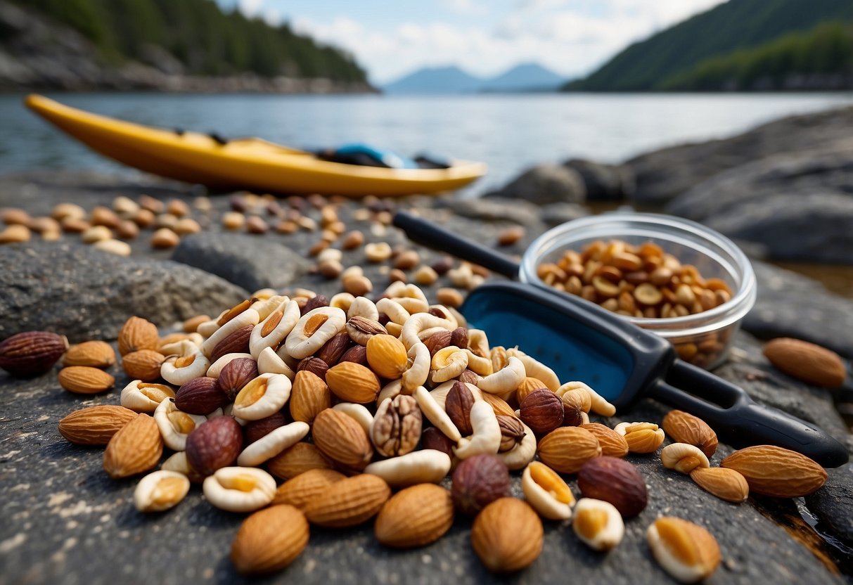 A colorful assortment of nuts, seeds, and dried fruits spills out of a resealable bag onto a rocky shoreline, with a kayak and paddle resting in the background